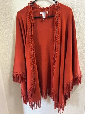 Coldwater Creek Burnt Orange Fringe Open-Front Poncho
